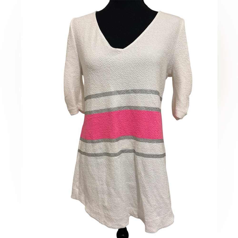 Deletta V-Neck Tunic with Pink and Gray Stripes